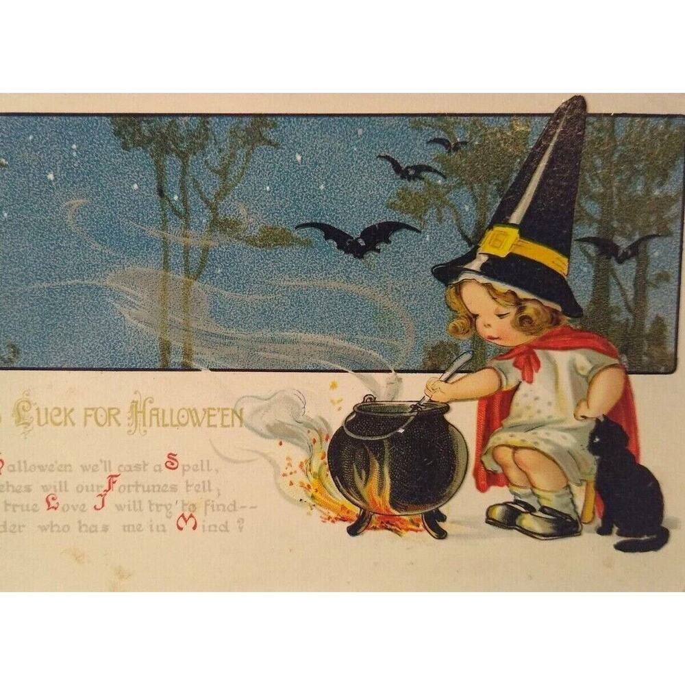 Halloween Fantasy Postcard Witch Girl Bats Cat Gottschalk Dreyfuss & Davis 2696